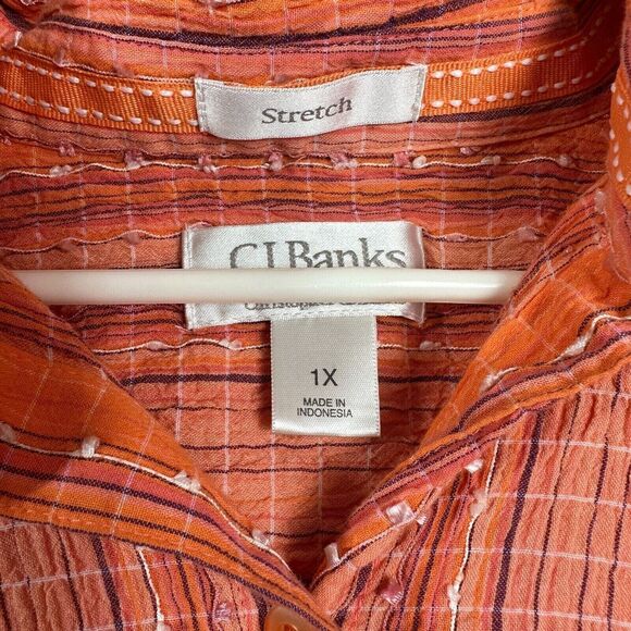 CJ Banks Womens Button Up Top Long Sleeve Stripes Orange Plus Size 1X - Picture 3 of 10